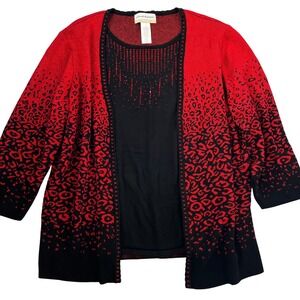 Alfred Dunner Womens Red & Black Cheetah Pattern Sequin Sweater Animal Print 623